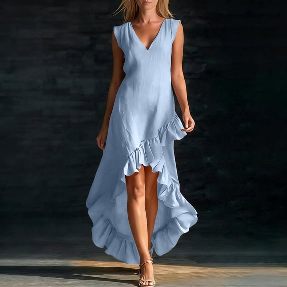 ClodeEU Women's V Neck Sleeveless High-Low Ruffle Maxi Dress,Elegant Flowy A-Line Party Dress Blue,Women's Plus XXL