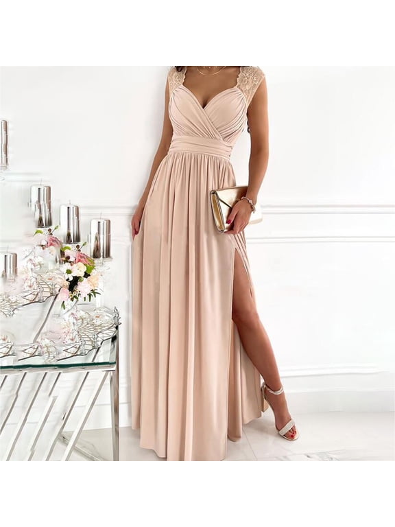 Women's V Neck Sleeveless Lace Patchwork Chiffon Bridesmaid Dress,Casual Summer Maxi Dress with Side Slit Beige,Women's Plus L