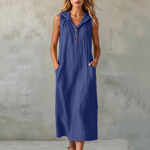 ClodeEU Women's V Neck Sleeveless Linen Blend Hooded Midi Dress,Casual Loose Fit Dress with Pockets Blue,Women's Plus XXL