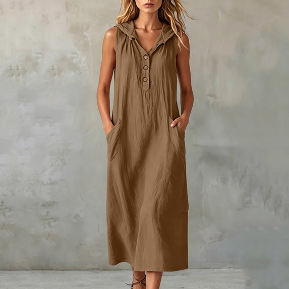 ClodeEU Women's V Neck Sleeveless Linen Blend Hooded Midi Dress,Casual Loose Fit Dress with Pockets Brown,Women's Plus XXL