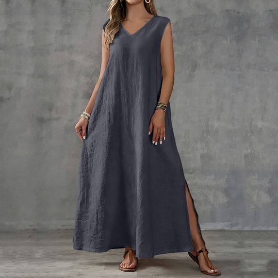 ClodeEU Women's V Neck Sleeveless Maxi Dress with Side Slit, Casual Solid Color Loose Flowy Dress Dark Gray,Women's Plus S
