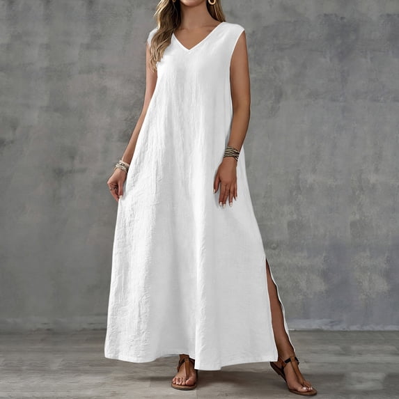 ClodeEU Women's V Neck Sleeveless Maxi Dress with Side Slit, Casual Solid Color Loose Flowy Dress White,Women's Plus XXL