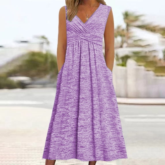 ClodeEU Women's V Neck Sleeveless Pleated Tunic Midi Dress ,Casual Summer Loose Fit Dress Purple,Womens Plus XXXXL