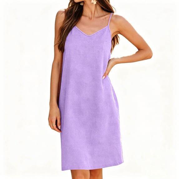 ClodeEU Women's V Neck Sleeveless Slip Dress, Casual Spaghetti Strap Midi Dress Purple,Women's Plus XXL