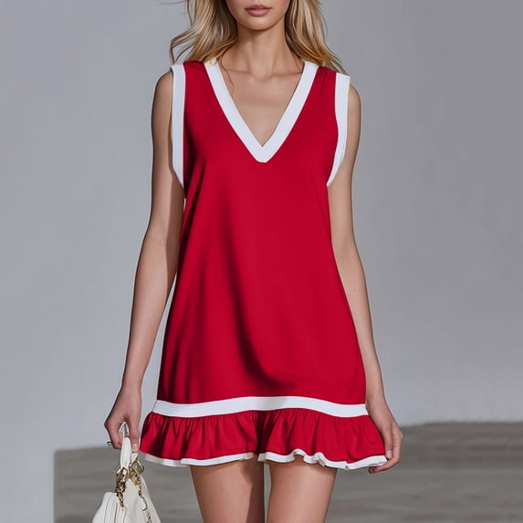 ClodeEU Women's V Neck Sleeveless Tank Mini Dress with Ruff Hem ,Casual Summer Fashion Sundress Red,Womens Plus L