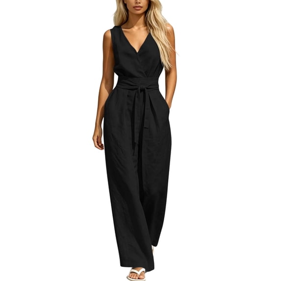 ClodeEU Women's V Neck Sleeveless Top and Elastic Waist Drawstring Wide Leg Pants Set with Pockets ,Casual Two Piece Outfit Black,Women's Plus L