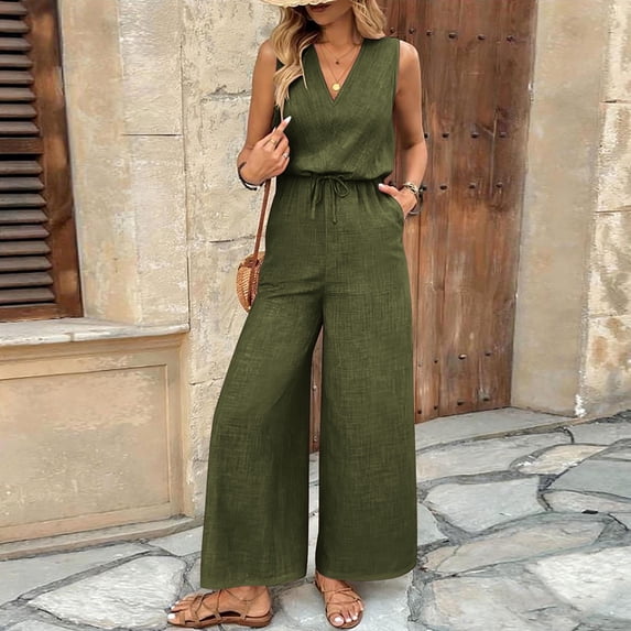 ClodeEU Women's V Neck Sleeveless Wide Leg Jumpsuit with Drawstring Waist and Pockets ,Solid Color Casual Long Romper Green,Womens Plus S