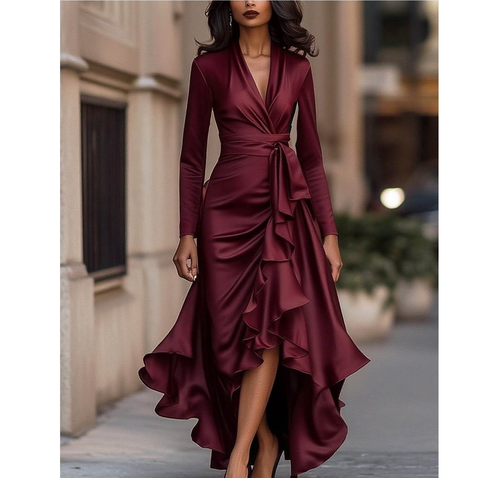 ClodeEU Women's V Neck Slim Dress With Asymmetrical Hem And Ruffle ...