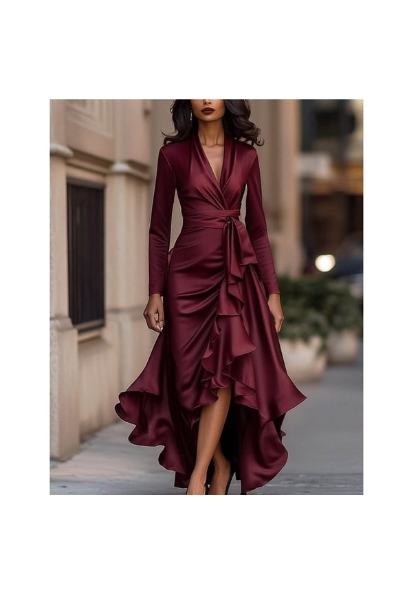 U Women's V Neck Slim Dress With Asymmetrical Hem And Ruffle ,Trendy Classy Ruffle Party Maxi Dress Wine,Womens Plus XXL