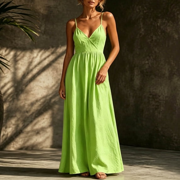 ClodeEU Women's V Neck Spaghetti Strap Backless Sleeveless Dress with Pockets ,Solid Color Casual Summer Maxi Dress Green,Women's Plus L