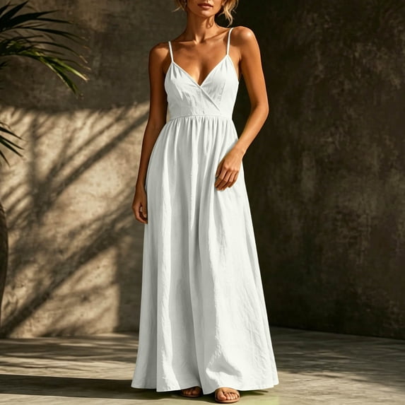 ClodeEU Women's V Neck Spaghetti Strap Backless Sleeveless Dress with Pockets ,Solid Color Casual Summer Maxi Dress White,Women's Plus XXXL