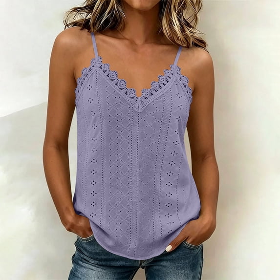 ClodeEU Women's V Neck Spaghetti Strap Tank Top, Casual Loose Fit Solid Color Sleeveless Tops Purple,Women's Plus S