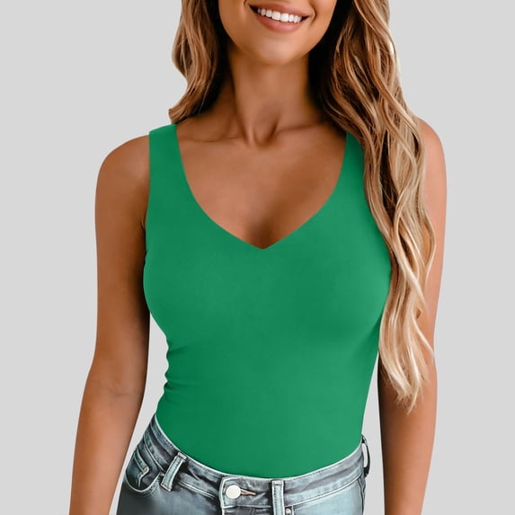ClodeEU Women's V Neck Spaghetti Strap Tank Top,Solid Color Casual Slim Spring Summer Tank Green,Womens Plus S