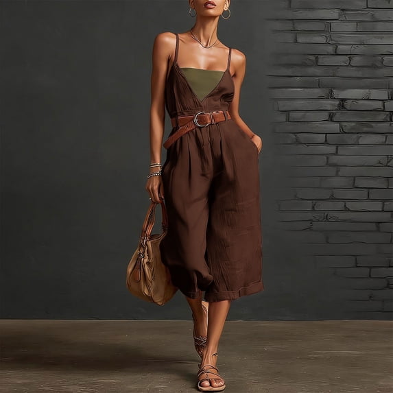 ClodeEU Women's V Neck Spaghetti Strap Wide Leg Capri Jumpsuit with Pockets ,Solid Color Casual Cropped Romper Coffee,Women's Plus M