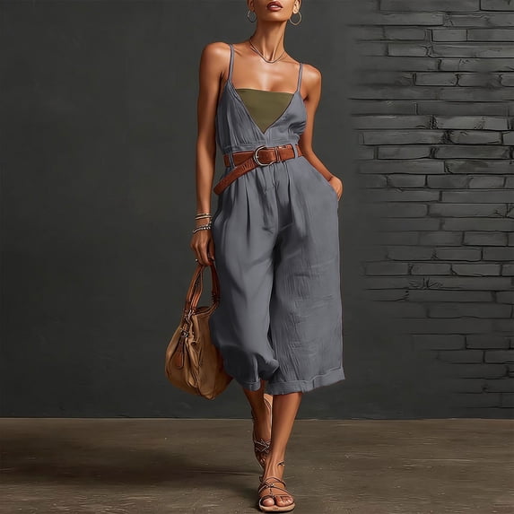 ClodeEU Women's V Neck Spaghetti Strap Wide Leg Capri Jumpsuit with Pockets ,Solid Color Casual Cropped Romper Dark Gray,Women's Plus M