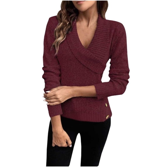 ClodeEU Women's V Neck Sweater, Long Sleeve Work Tops, Asymmetrical Slim Fit V Neck Wrap Shirts Wine,Womens Plus S