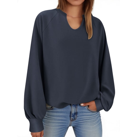 ClodeEU Women's V-Neck Sweatshirt,Solid Color Loose Long Sleeve Sweatshirt Top Navy,Womens Plus L