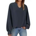 thumbnail image 1 of ClodeEU Women's V-Neck Sweatshirt，Solid Color Loose Long Sleeve Sweatshirt Top Navy,Womens Plus M, 1 of 7