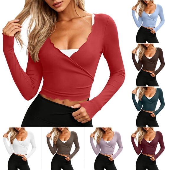 ClodeEU Women's V Neck Twist Knot Slim Fit Long Sleeve Knit Top, Solid Color Yoga Cropped T-Shirt Red,Women's Plus L