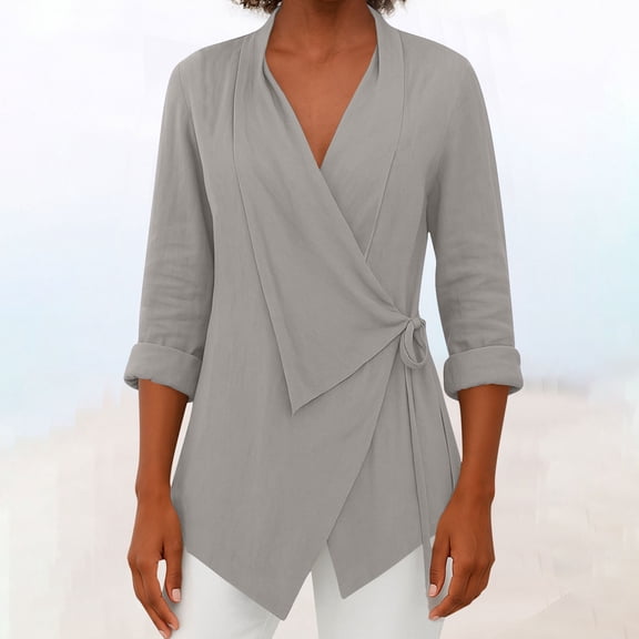 ClodeEU Women's V Neck Work Tops,Long Sleeve Waist Wrap Blouse Top ,Asymmetrical Elegant Shirts Gray,Womens Plus M