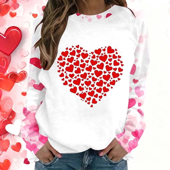 ClodeEU Women's Valentine's Day Love Heart Print Long Sleeve Round Neck Tops,Casual Trendy Loose T-Shirts Red 02,Womens Plus XS