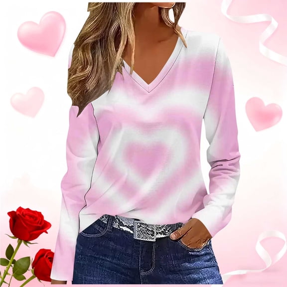ClodeEU Women's Valentine's Day Love Heart Print Long Sleeve V Neck Tops,Casual Trendy Tunic T-Shirts White 02,Womens Plus S