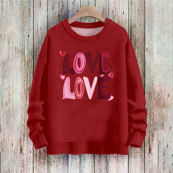 ClodeEU Women's Valentine's Day Love Print Sweater ,Long Sleeve Round Neck Loose Knit Tops Red,Womens Plus L