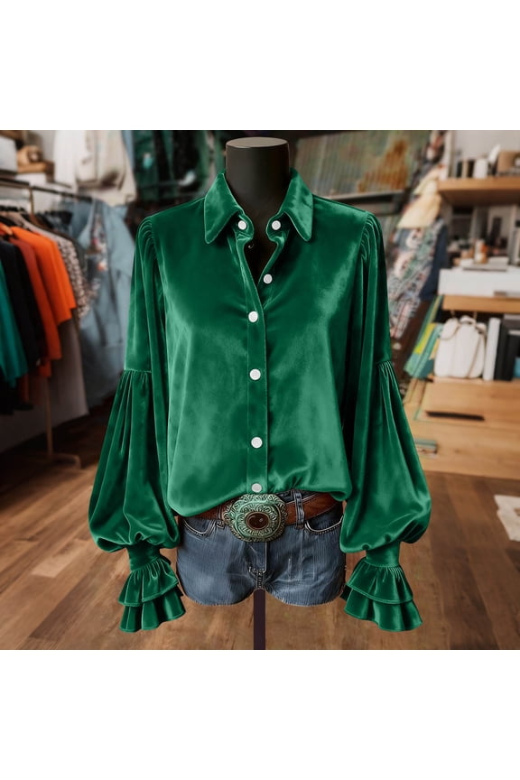 Women's Velvet Button Down Shirt,Notch Collar and Puff Sleeves Smocked Work Blouses Trendy Shirts Green,Womens Plus S