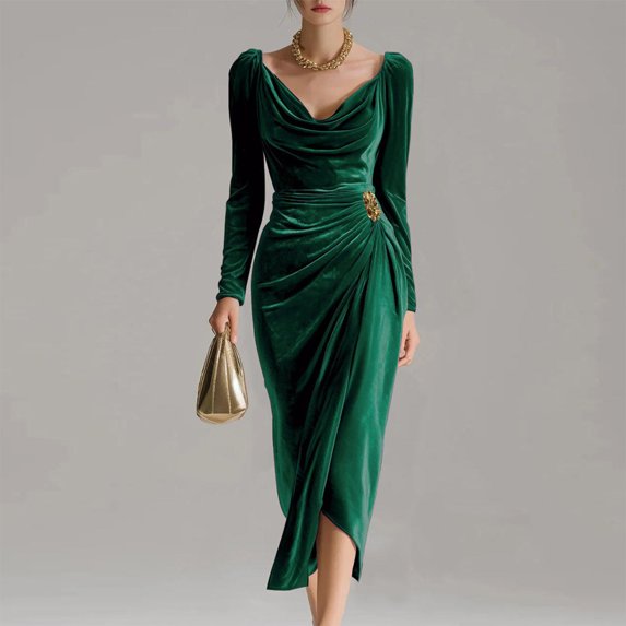 ClodeEU Women's Velvet Draped Neckline Long Sleeve Dress, Elegant Bodycon Ruched Party Dress Green,Womens Plus M