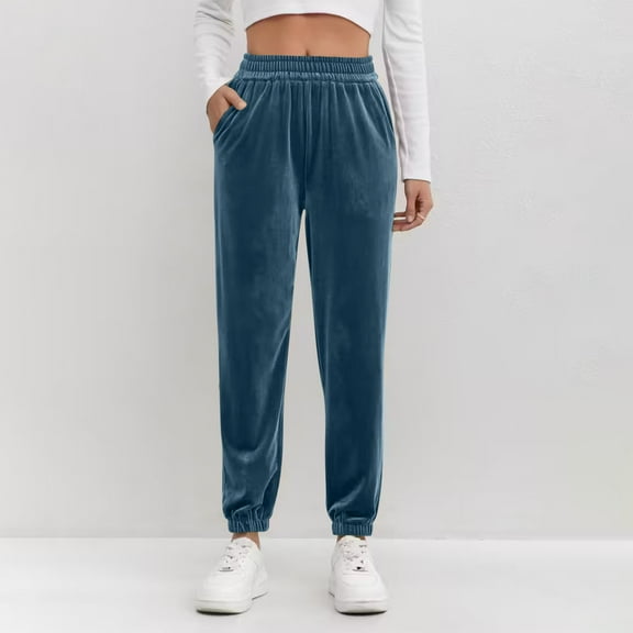 ClodeEU Women's Velvet Jogger Pants with Stretch Waist and Pockets,Trendy Casual Sweat Pant Blue,Womens Plus XL