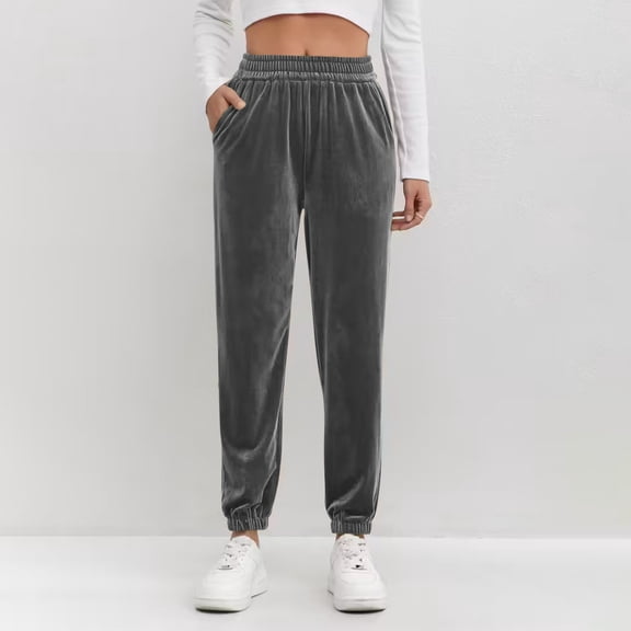 ClodeEU Women's Velvet Jogger Pants with Stretch Waist and Pockets,Trendy Casual Sweat Pant Gray,Womens Plus XL