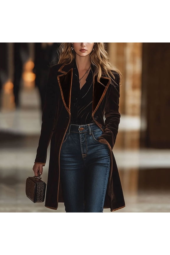 Women's Velvet Trench Coat ,Color Block Notched Lapel Overcoat With Pockets, Elegant Vintage Long Coat Brown,Womens Plus L