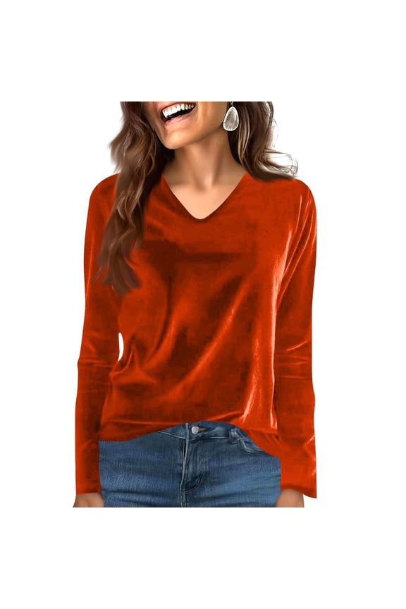 Women's Velvet V Neck Long Sleeve T Shirts,Casual Trendy Lightweight Tunic Tops Orange,Womens Plus M