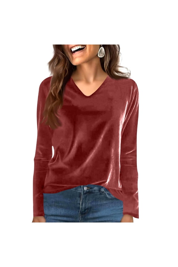 Women's Velvet V Neck Long Sleeve T Shirts,Casual Trendy Lightweight Tunic Tops Pink,Womens Plus XXXXL