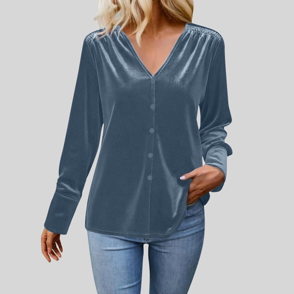 ClodeEU Women's Velvet V Neck Top ,Long Sleeves Button Up Loose Casual Trendy Blouse Light Blue,Womens Plus S