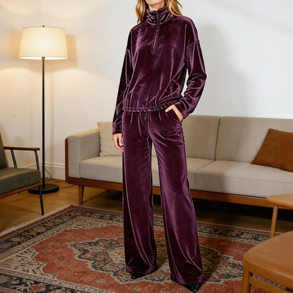 ClodeEU Women's Velvet Velor Tracksuits 2 Piece ,Lounge Outfits Zip Up Sweatshirt ,Wide Leg Sweatpants with Pockets Purple,Womens Plus XL