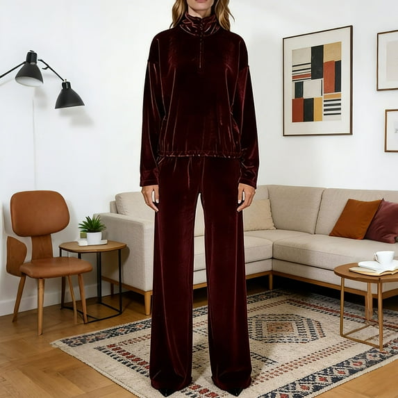 ClodeEU Women's Velvet Velor Tracksuits 2 Piece ,Lounge Outfits Zip Up Sweatshirt ,Wide Leg Sweatpants with Pockets Red,Womens Plus S