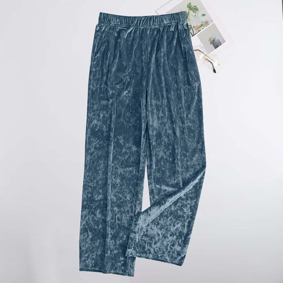 ClodeEU Women's Velvet Wide Leg Pants,Elastic Waistic Pant With Pockets, Baggy Casual Trendy Pant Navy,Womens Plus S