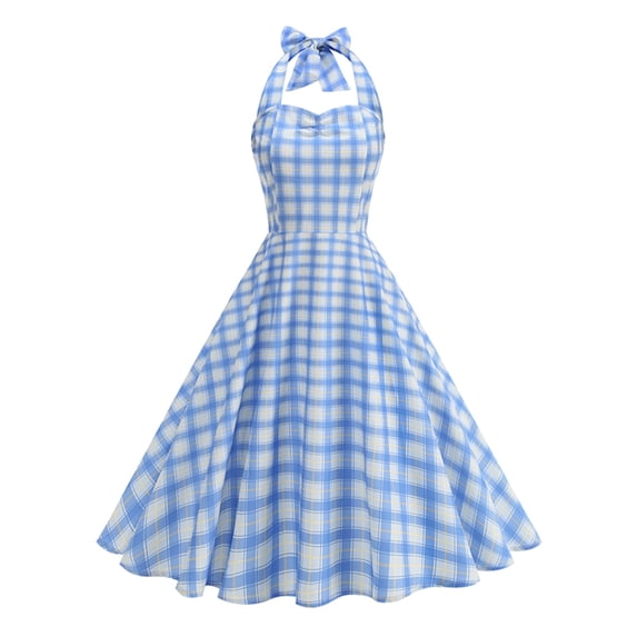 ClodeEU Women's Vintage Plaid Halter Dress,Retro Swing Cocktail Party Dress Blue,Women's Plus XXL