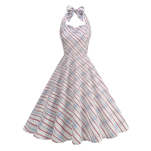 ClodeEU Women's Vintage Plaid Halter Dress,Retro Swing Cocktail Party Dress Red,Women's Plus L