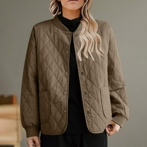 ClodeEU Women's Vintage Zip Up Sweatshirts With Pockets,Snap Button Up Loose Quilted Jacket Khaki,Womens Plus XL