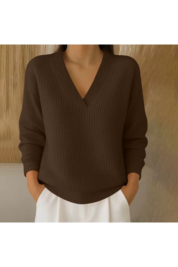 Women's Waffle-Knit V Neck Long Sleeve Pullover ,Loose Fit Casual Trendy Clothes Brown,Womens Plus M