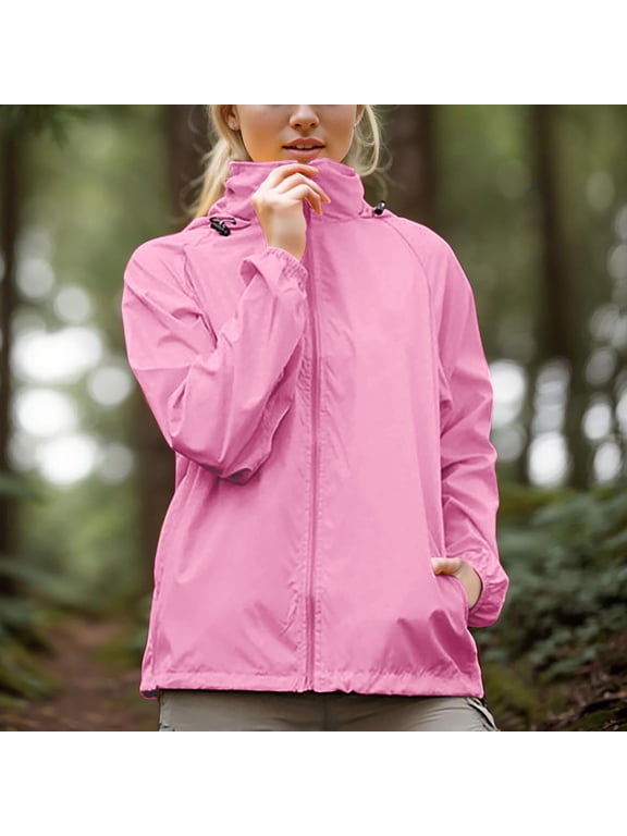 Women's Waterproof Rain Jacket,Lightweight Windproof Hooded Outdoor Coat,Breathable Hiking Raincoat Pink,Womens Plus M