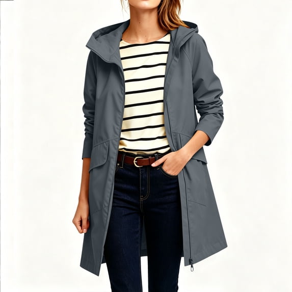 ClodeEU Women's Waterproof Windproof Long Hooded Jacket with Pockets ,Casual Hiking Camping Coat Dark Gray,Women's Plus M