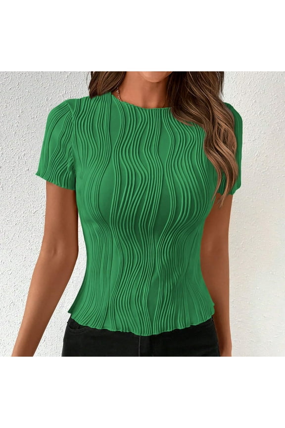 Women's Wave Pattern Textured Top , Casual Solid Color Short Sleeve Round Neck Tee Green,Womens Plus XXL