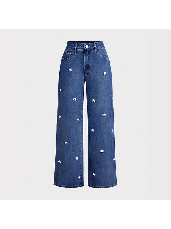 Women's Wide Leg Baggy Jeans, Wide Leg Jeans Loose Denim Pants Dark Blue,Womens Plus M