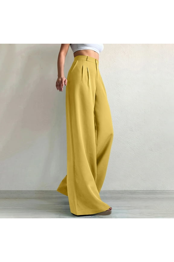 Women's Wide Leg Business Pants ,Casual Trendy Office Work Trousers with Pockets Yellow,Womens Plus XS