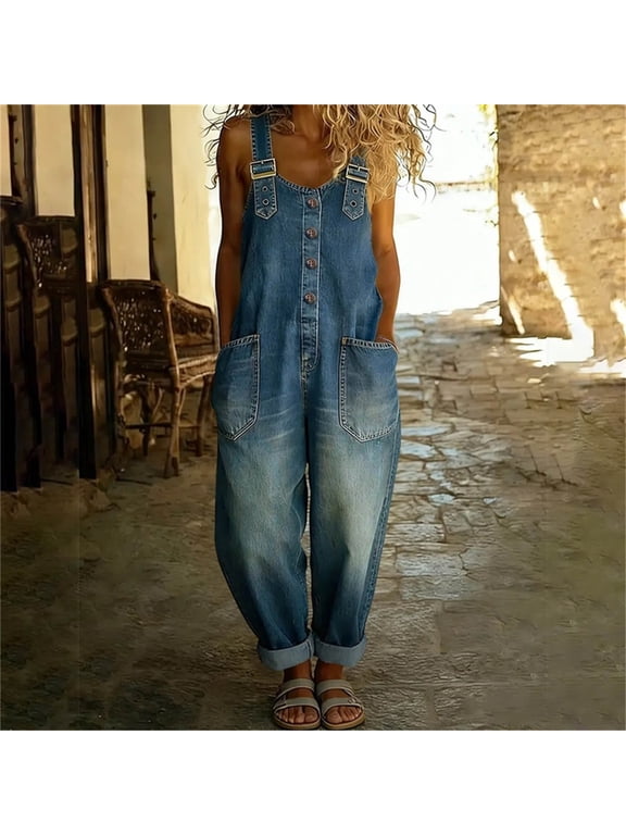 Women's Wide Leg Denim Bib Overalls,Casual Loose Baggy Jumpsuit with Pockets Blue,Women's Plus L