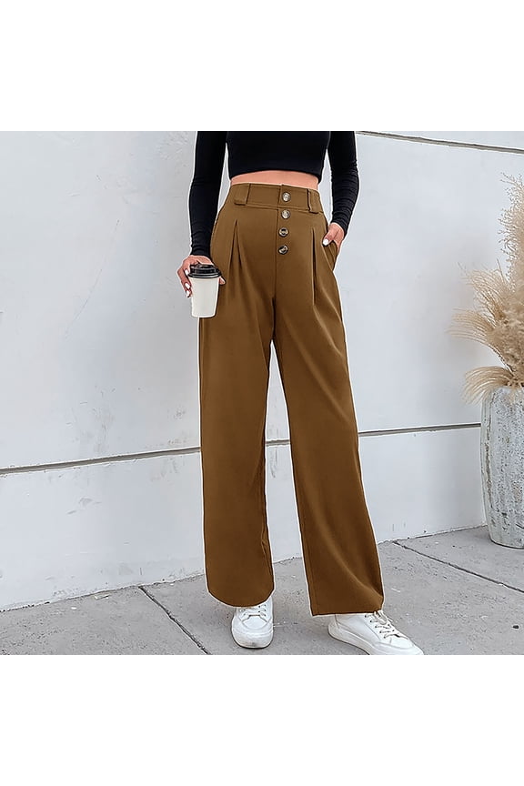 Women's Wide Leg High Waisted Button Down Straight Long Trousers Pants ,Business Work Trousers Suit Pants Brown,Womens Plus M