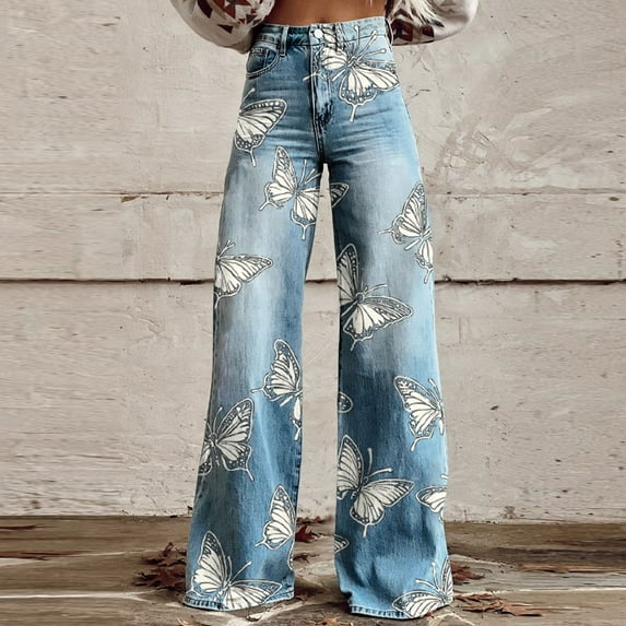 ClodeEU Women's Wide Leg Jeans,Butterfly Print Hight Waist Straight Leg Baggy Jeans, With Pocket Jeans White,Womens Plus XXXL